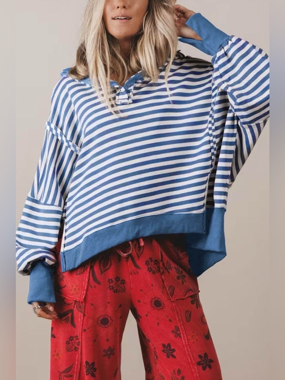 Stripe Color Block Trim Raw Seam Split Hem Loose Sweatshirt